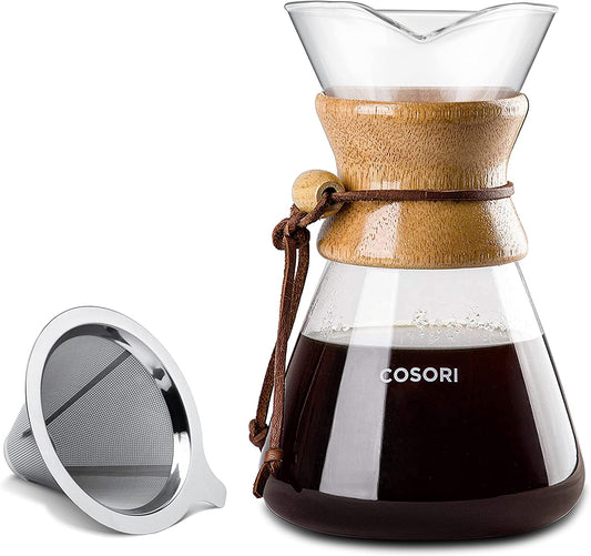 Pour over Coffee Maker with Double Layer Stainless Steel Filter, 8-Cup, Coffee Dripper Brewer, High Heat Resistant Carafe, Also for Camping, Hiking